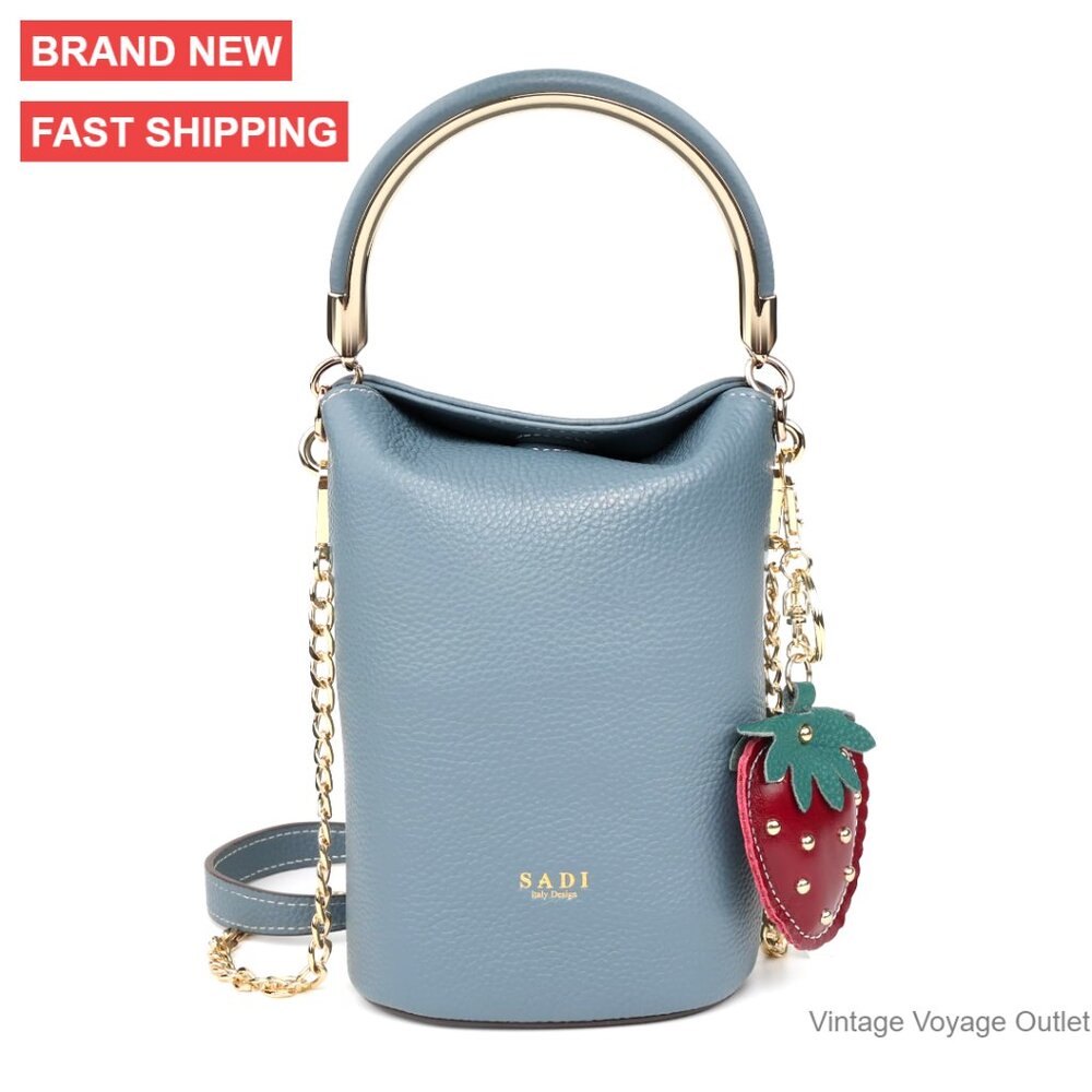 Genuine Leather Mini Bucket Bag Crossbody Purse With Detachable Strawberry Charm